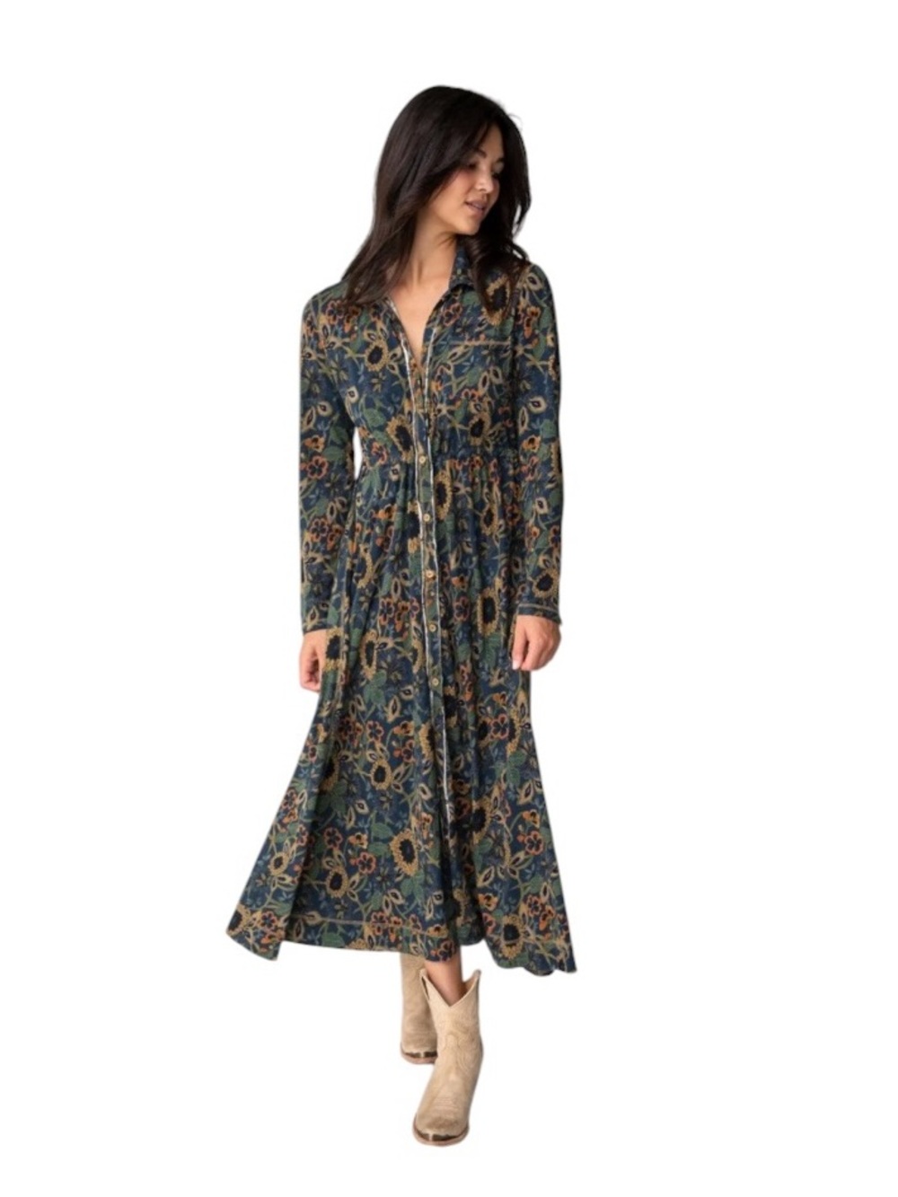 NATURAL LIFE Christa Knit Cotton Floral Maxi Dress Earthy Cottage Boho Prairie M - Picture 3 of 10